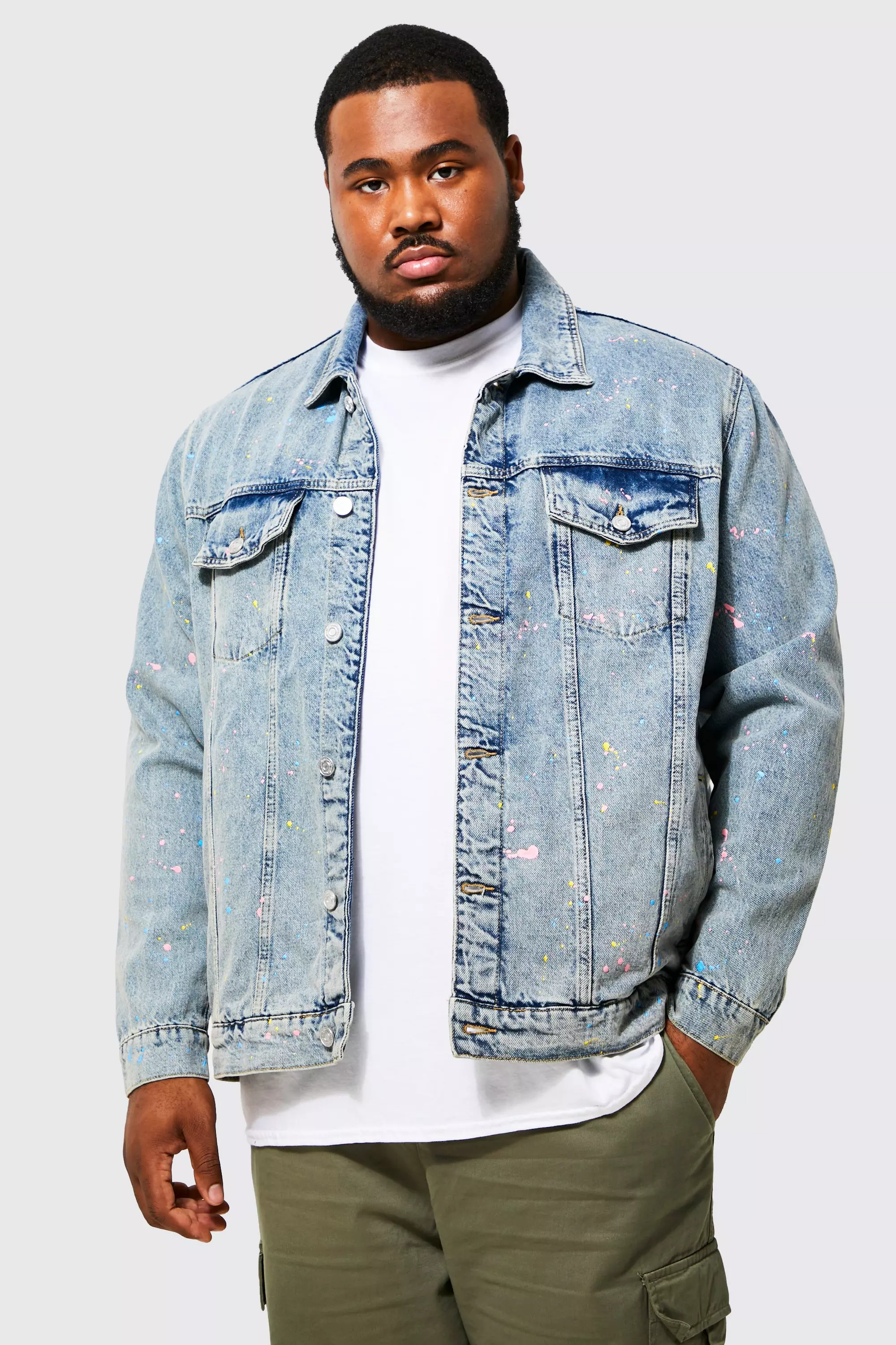 Plus Loose Fit Denim Jacket With Palm Print boohooMAN